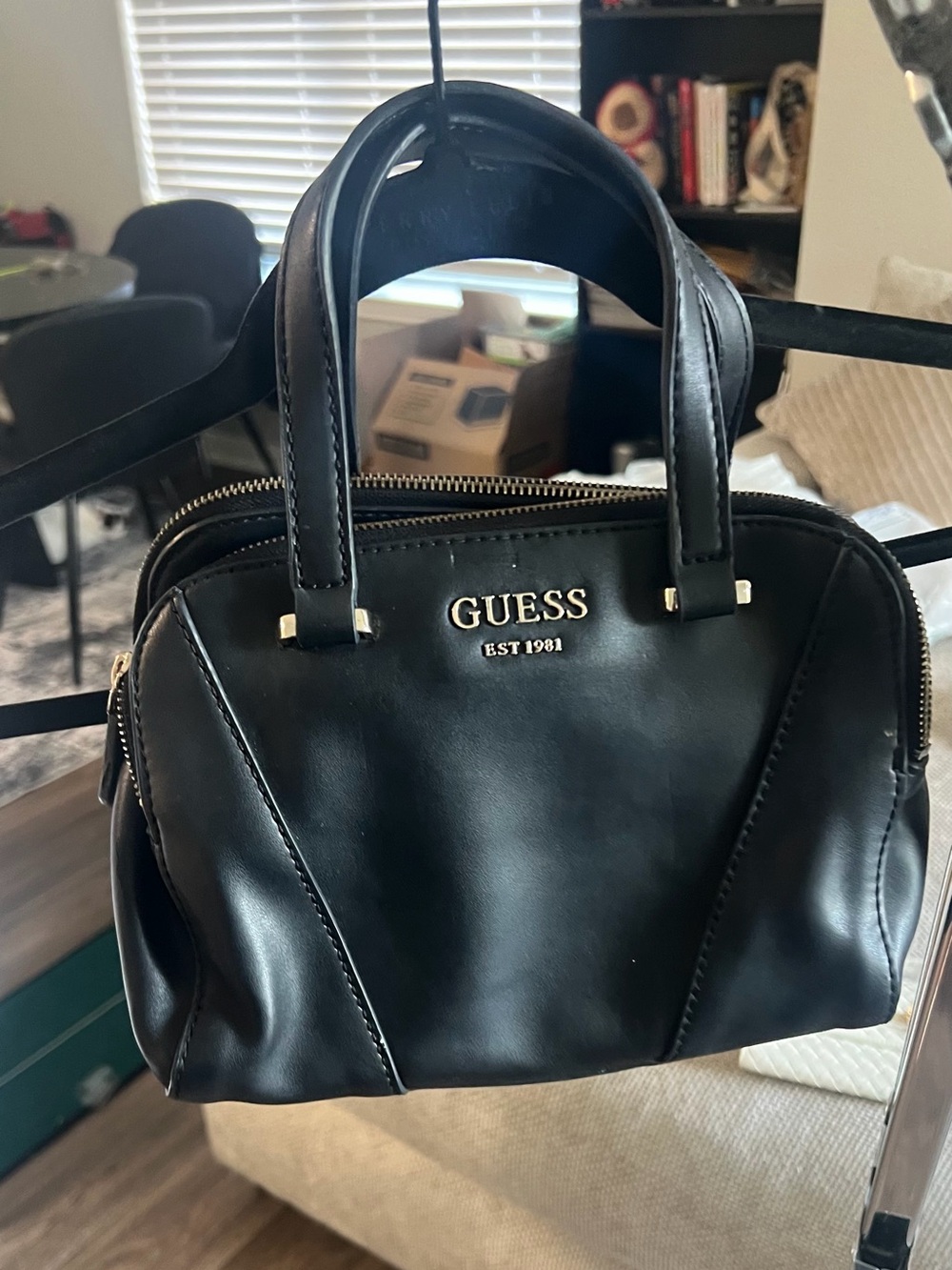 GUESS Est. 1981 Black Satchel Handbag Gold Hardware Double Handle